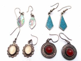 A collection of 4 pairs of vintage stone set silver earrings. Total weight 13.5G. Please see
