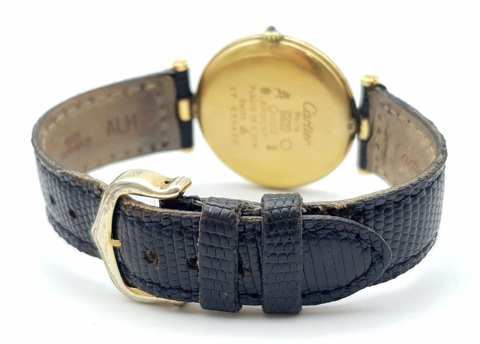 A Vintage (1980s) Must de Cartier Gold Plated Quartz Ladies Watch. Black leather strap. Gold - Bild 9 aus 18