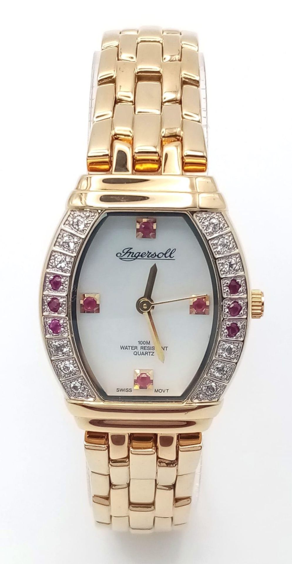 An Ingersoll Stone Set Quartz Ladies Watch. Gold plated bracelet and case - 25mm. White dial with - Bild 3 aus 6