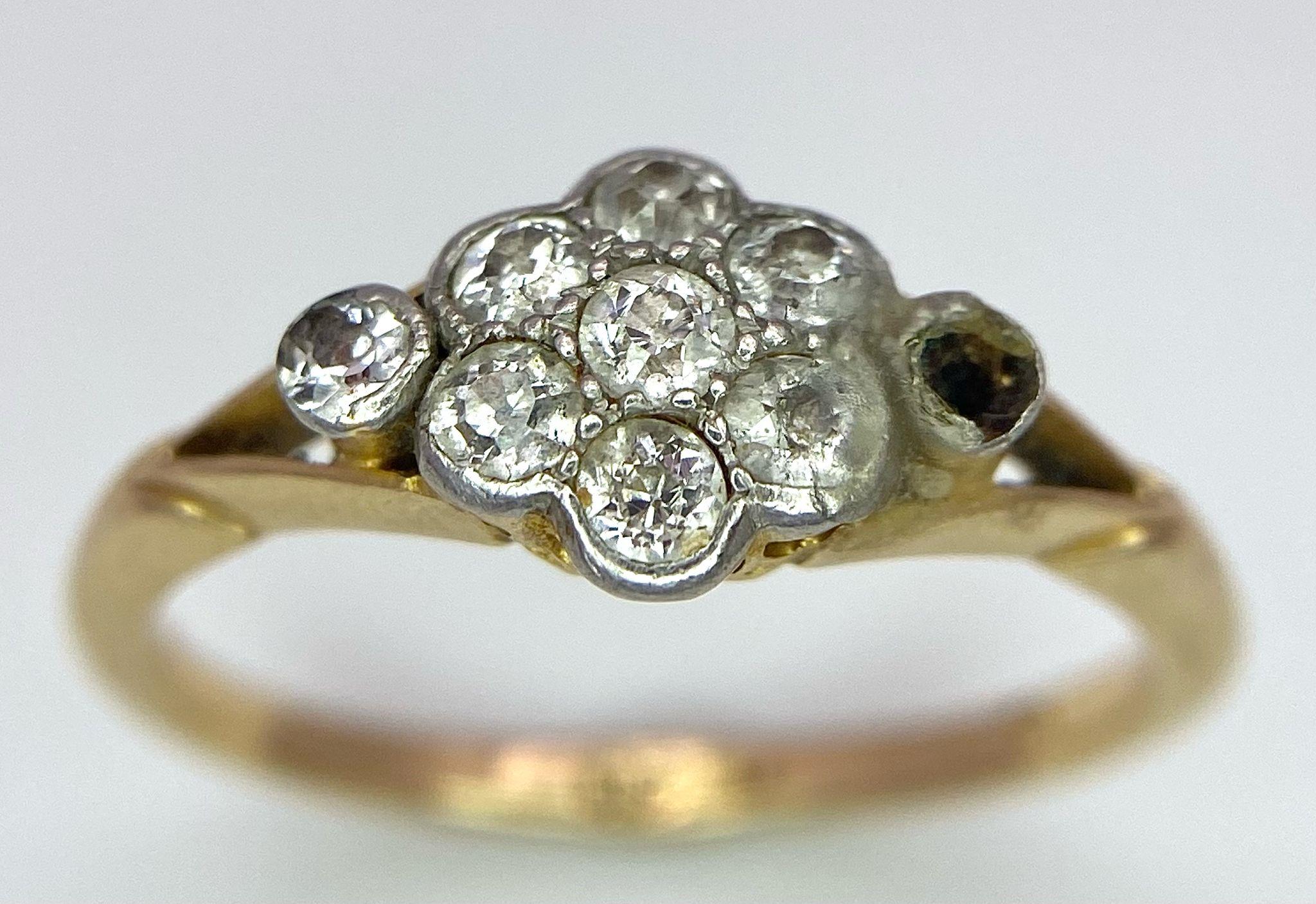 A VINTAGE 18K GOLD DIAMOND CLUSTER RING (ONE STONE MISSING REFLECTED IN PRICE) . 2.4gms size J - Image 3 of 11