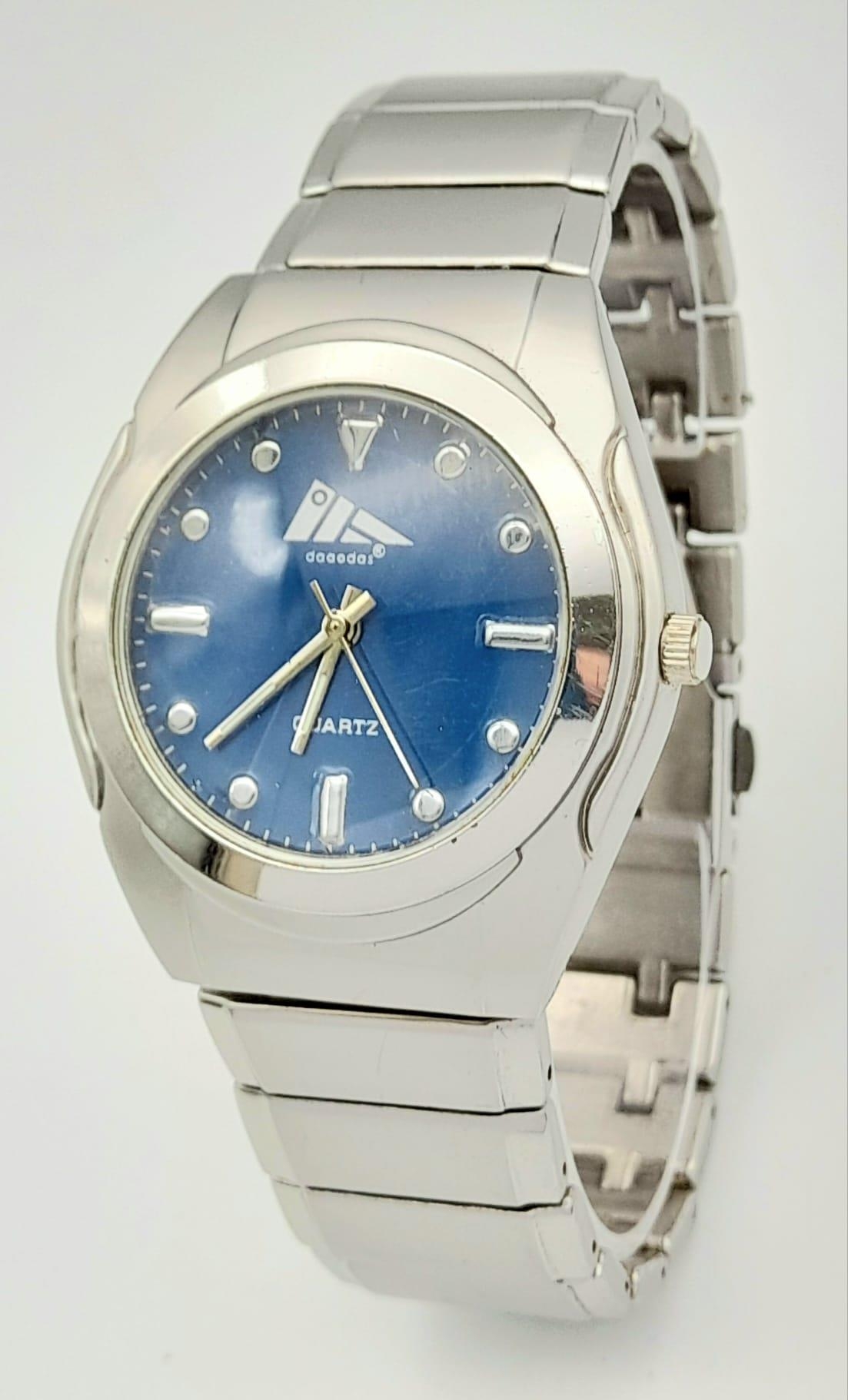 A Vintage Adidas, Blue Face, Stainless Steel Date Watch. 40mm Including Crown. New Battery Fitted