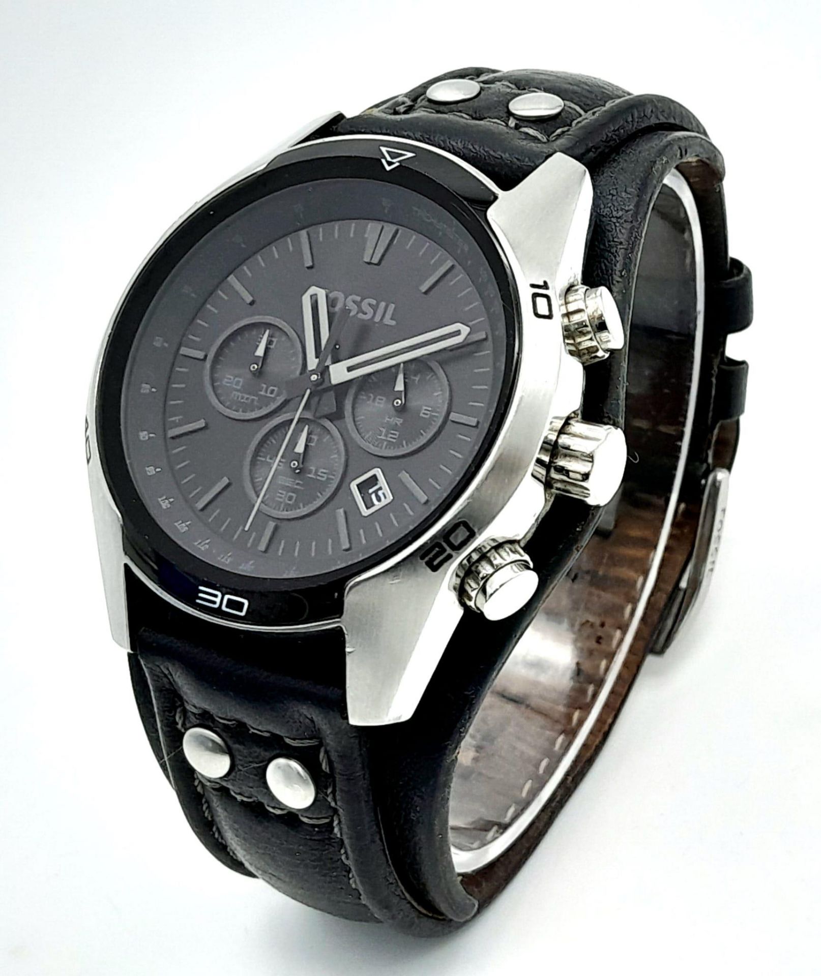 A Men’s Fossil Coachman Chronograph Black Leather Watch Model CH2546. 48mm Including Crown. New