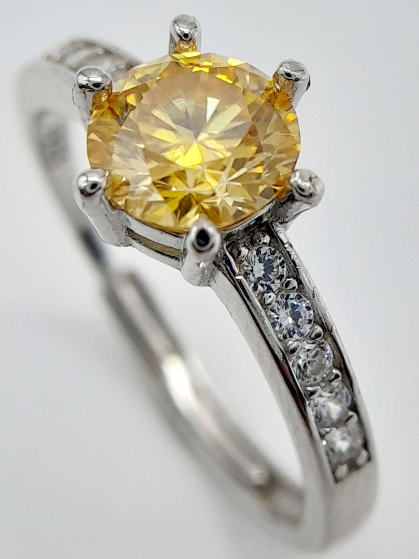 A 1ct Golden Yellow Moissanite Ring set in 925 Silver. Size O. Comes with a GRA certificate. - Image 2 of 9