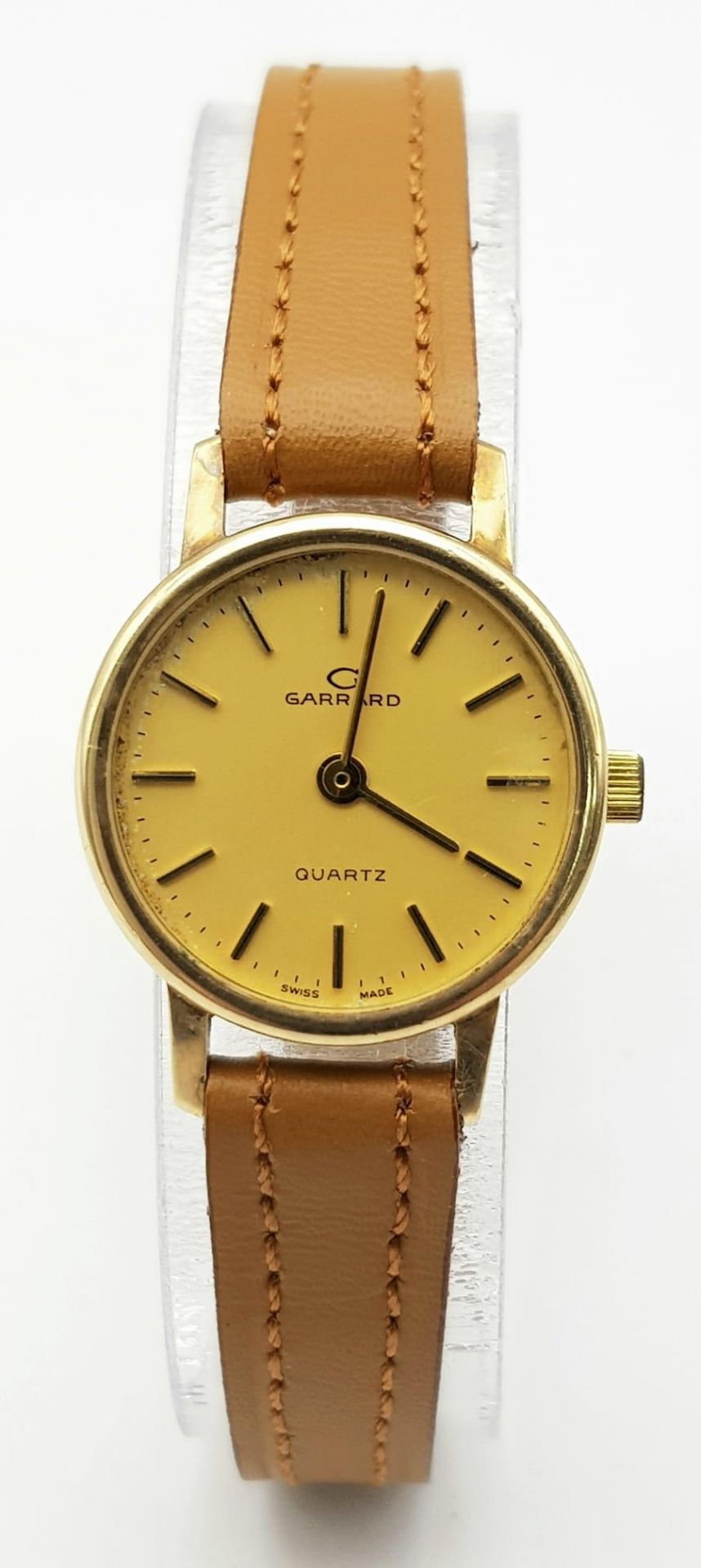 A Garrard 9K Gold Cased Quartz Ladies Watch. New brown leather strap. 9k gold case - 22mm. Gold tone - Image 2 of 6