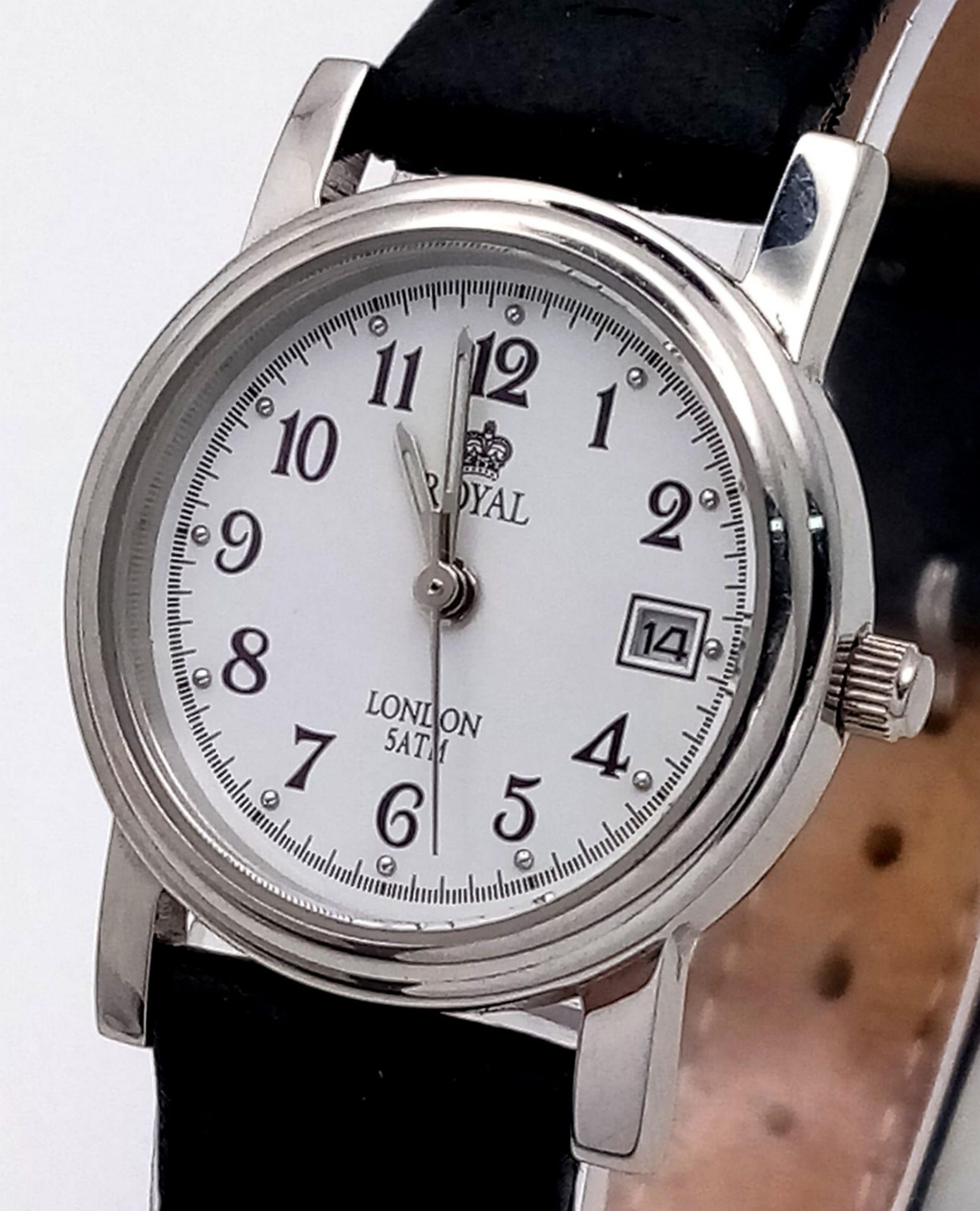 A Ladies Royal London Quartz Watch. Black leather strap. Stainless steel case - 25mm. White dial - Image 4 of 7