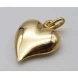 An 18K Yellow Gold Heart Pendant/Charm. 2.5cm. 2.75g weight.
