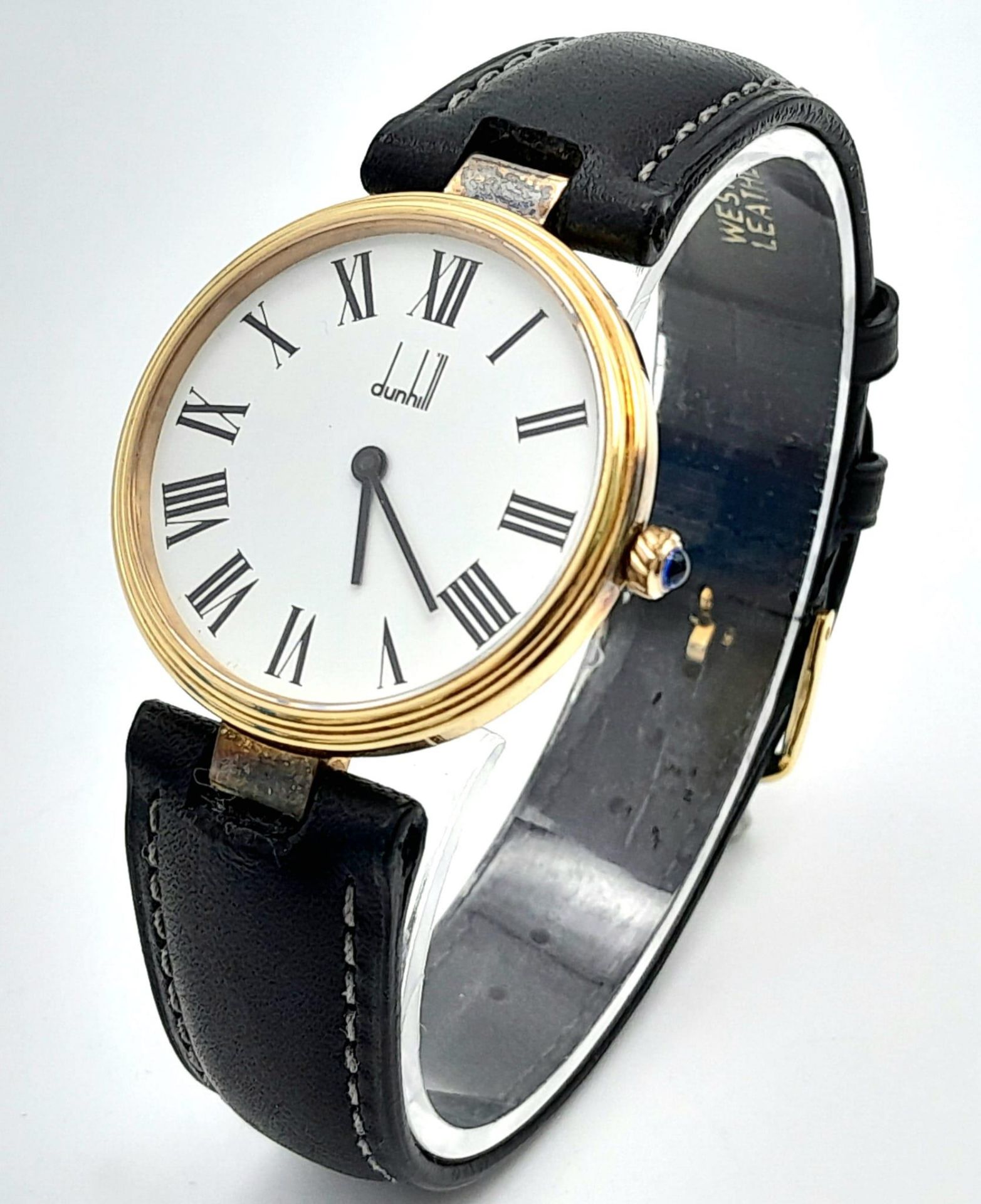 A Dunhill Sterling Silver Gilt Chronometer Watch. 34mm Case, Black Leather Strap. Full Working