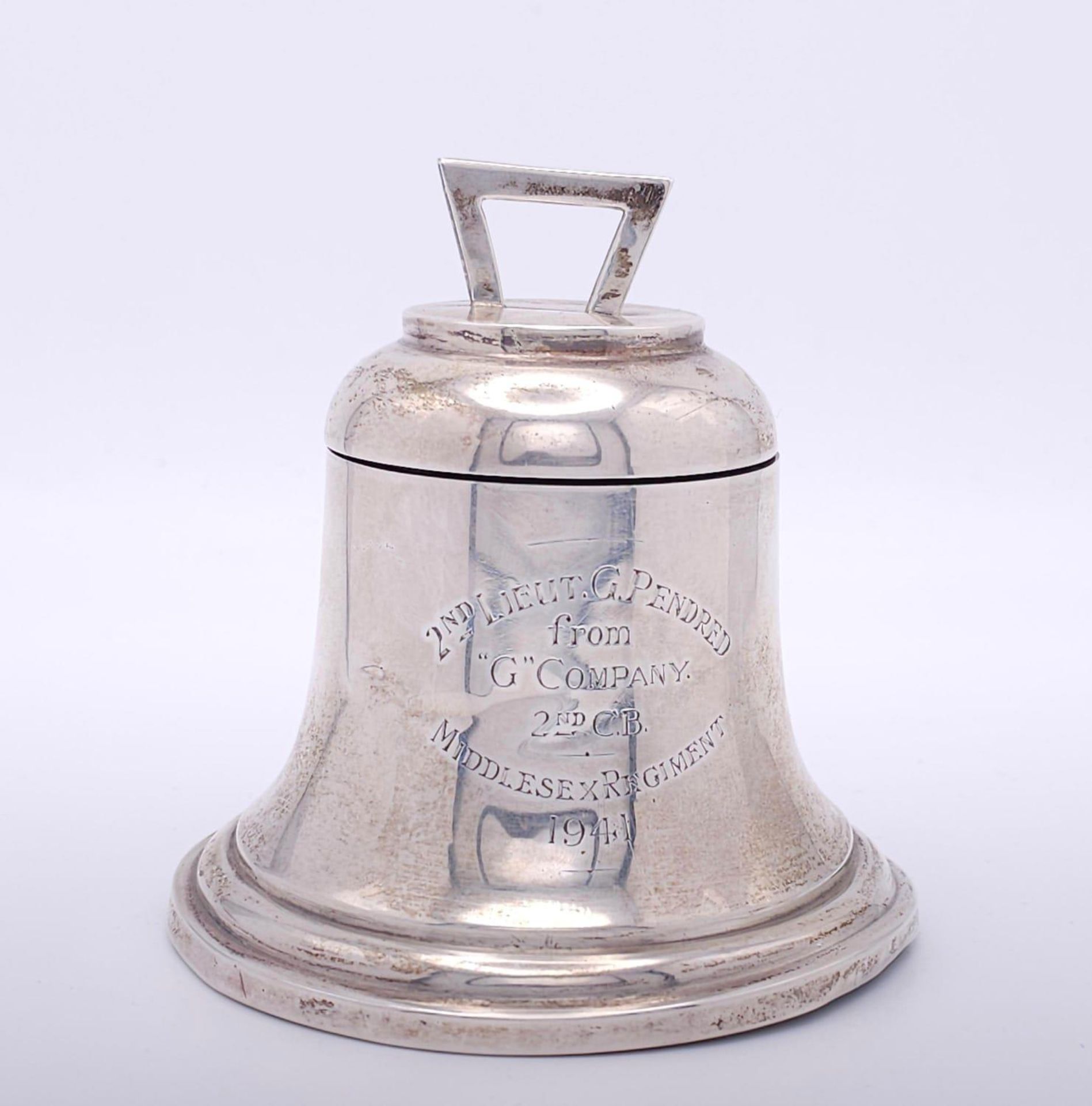 A WW2 Era Silver Inkwell in the Form of a Bell - Dedicated to 2nd Lieutenant G. Pendred from 'G'