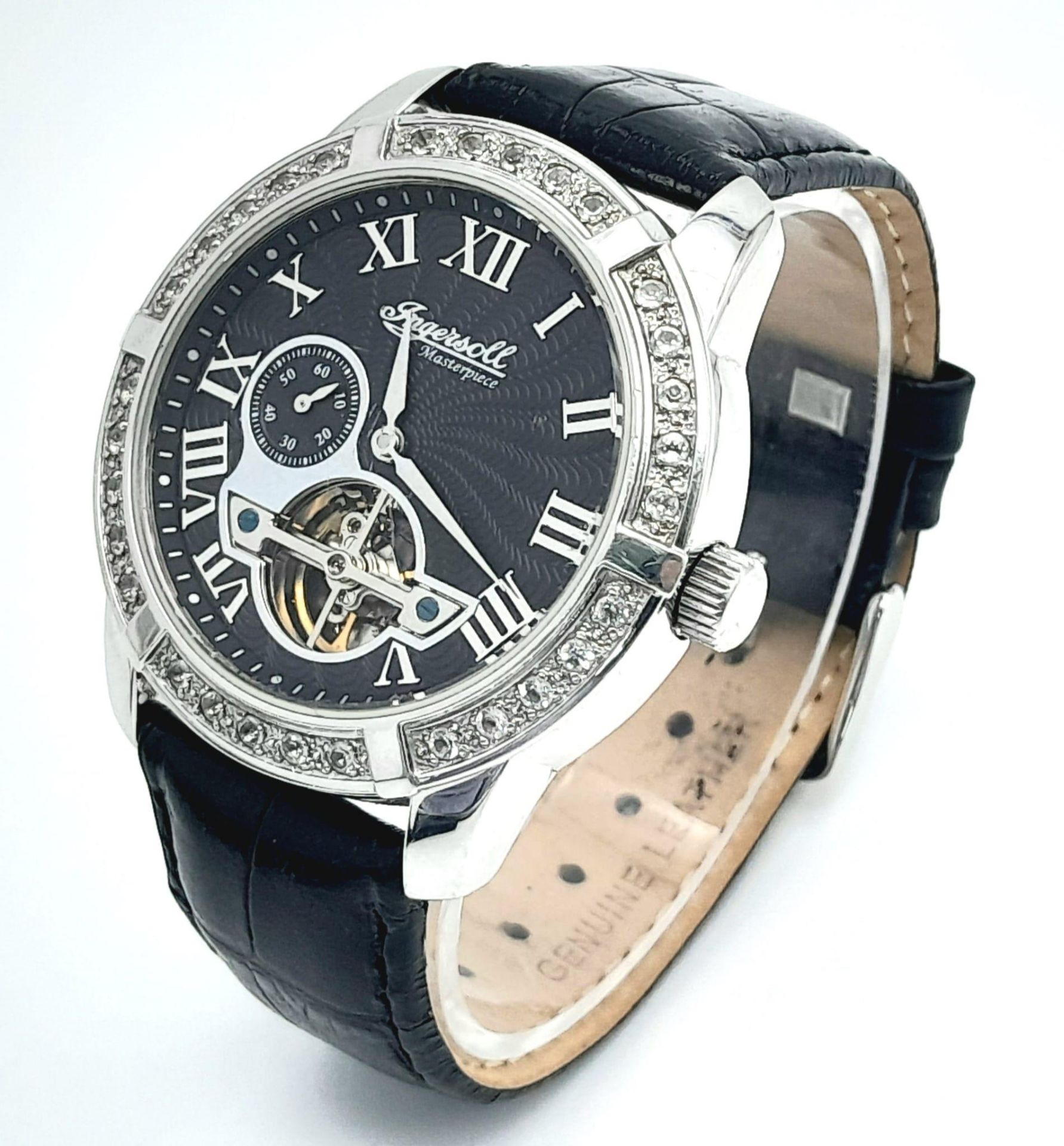 An Ingersoll Automatic Skeleton Gents Watch. Black leather strap. Stainless steel case - 43mm. Black