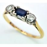 An 18K Yellow God, Diamond and Sapphire 3 Stone Ring. Size Q, 2.8g total weight. Ref: SC 7075