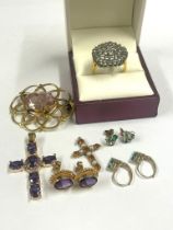 10ct gold emerald earrings with 9ct amethyst earrings 9ct studs 9ct gold & seed Pearl Crucifix
