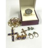 10ct gold emerald earrings with 9ct amethyst earrings 9ct studs 9ct gold & seed Pearl Crucifix