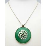 A Vintage, Sterling Silver, Large Jade ‘Spinner’ Pendant Necklace. 40cm Length Sterling Silver
