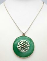 A Vintage, Sterling Silver, Large Jade ‘Spinner’ Pendant Necklace. 40cm Length Sterling Silver