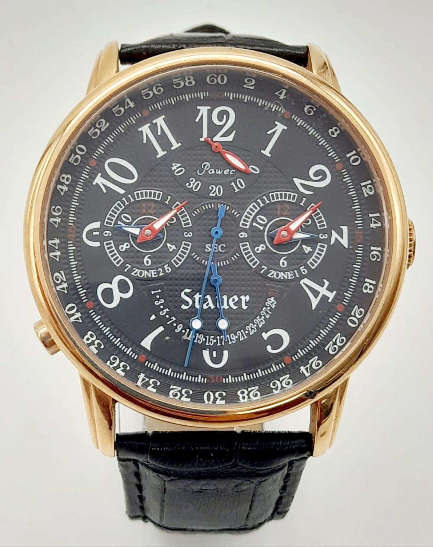 A Stauer Automatic Gents Watch. Black leather strap. Rose gold gilded case - 46mm. Black dial with - Bild 5 aus 15