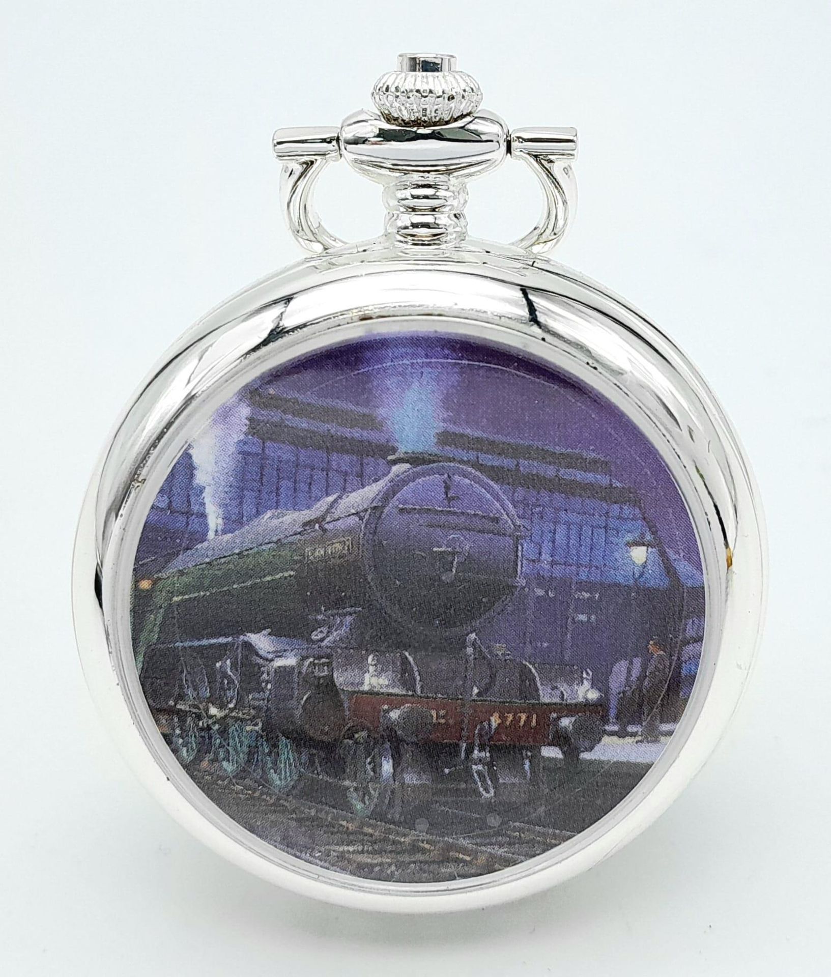 A Manual Wind Silver Plated Pocket Watch Detailing the Steam Train ‘LNER Class V2-1936-1966’.