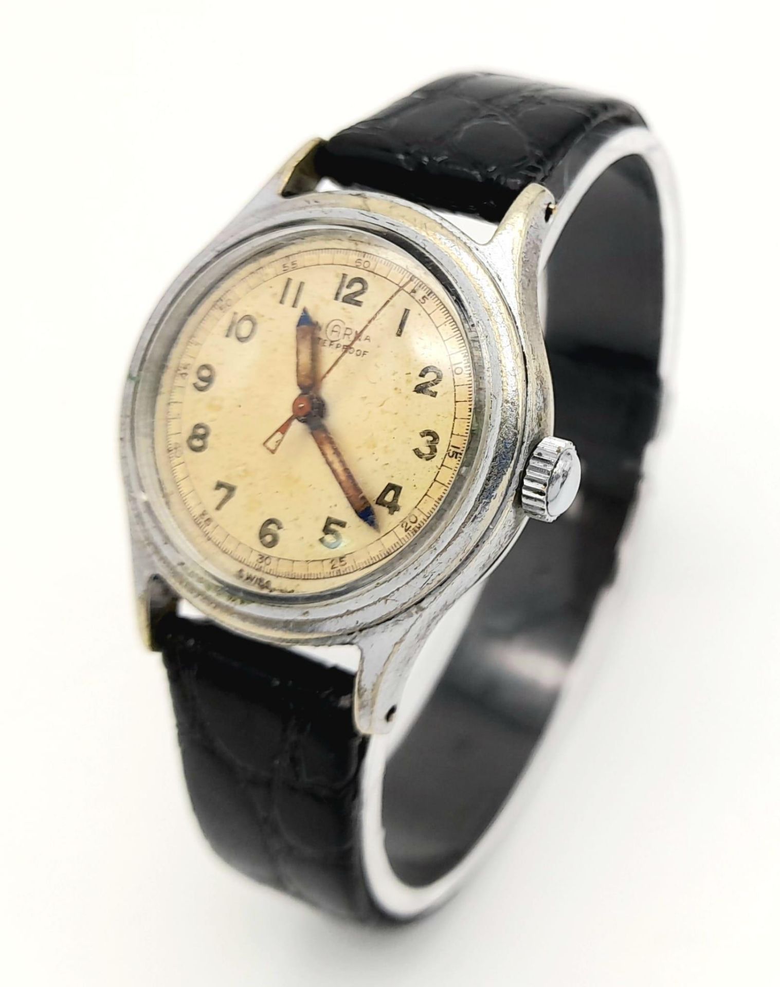 A Vintage Incarna Mechanical Gents Watch. Black leather strap. Stainless steel case - 30mm. Aged