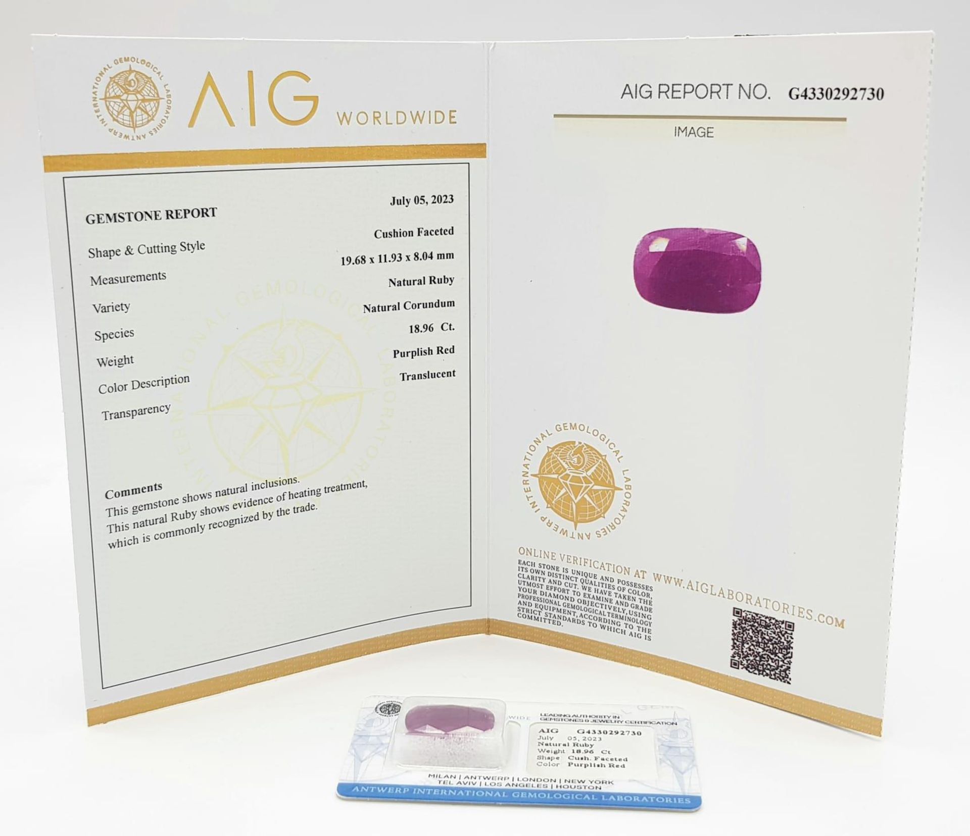 A Sealed 18.9ct Natural Rare Ruby, in the Cushion Faceted Shape. Comes with the AIG Milan - Image 7 of 9