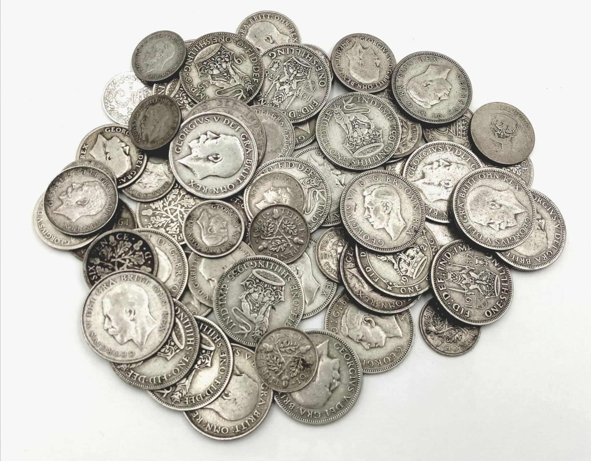 A Collection of British Pre 1947 Silver Shilling, threepence and sixpence coins. 230g - Bild 2 aus 4