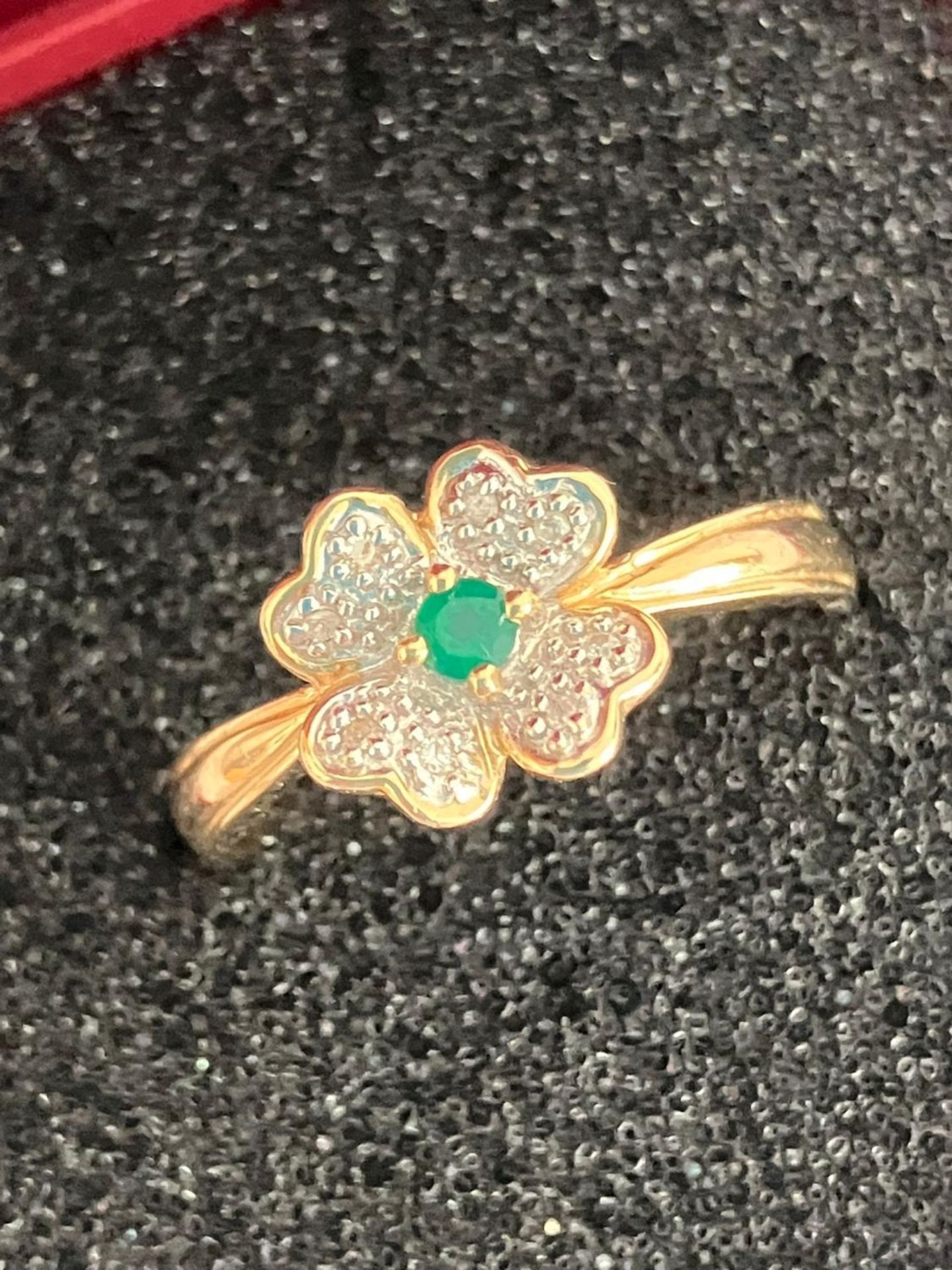 9 carat ‘Four leaf clover’ GOLD RING Set with DIAMONDS and EMERALD. Full hallmark. Complete with - Image 2 of 2