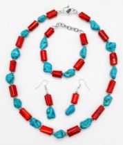 A substantial, chunky red coral and turquoise nugget necklace, bracelet and earrings set, in a