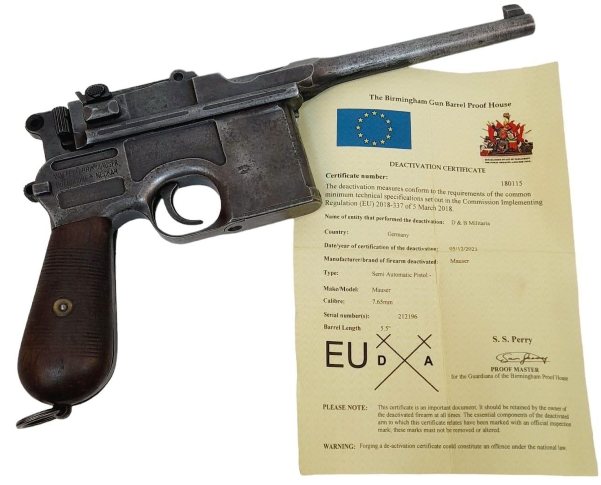 An Antique Deactivated 1916 German 'Broomhandle' Mauser Pistol. In total original condition, with