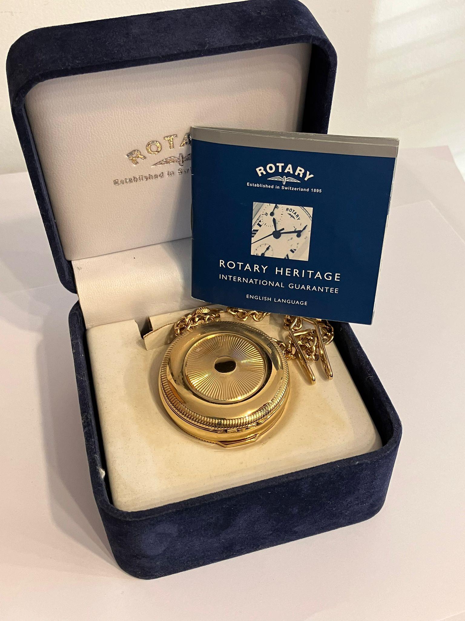 Gentlemans ROTARY GOLD PLATED FULL HUNTER POCKET WATCH & CHAIN. Hand wind/automatic. Gold plated - Bild 9 aus 14