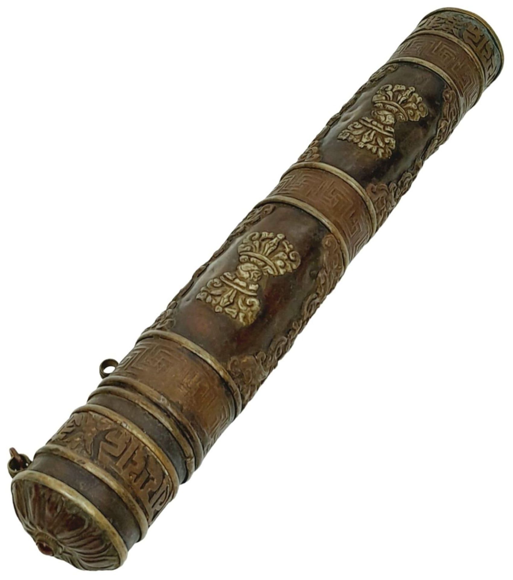 A Bronzed/Copper Tibetan Scroll Holder. Set with Cabochons Top and Bottom and Measures 35cm Length - Bild 3 aus 8