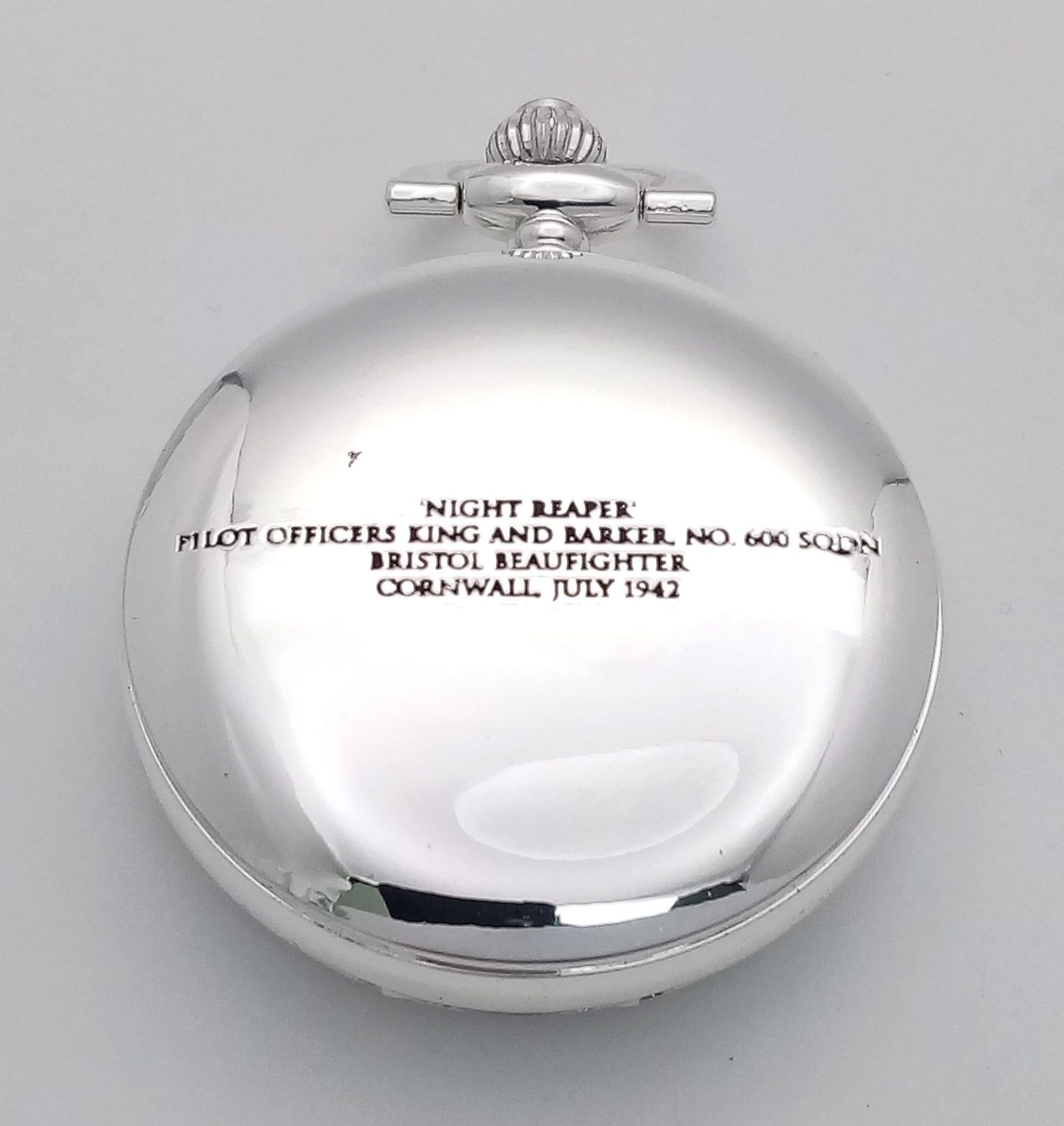 A Silver Tone, Manual Wind Pocket Watch Commemorating the WW2 British Pilots King & Barker in - Image 6 of 10