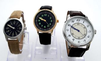 A Parcel of Three Military designed Homage Watches Comprising; 1) Japanese Pilots Watch (47mm Case),