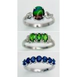 Three 925 Sterling Silver Gemstone Rings: Sapphire - Size P, Peridot - Size N and Opal- Size R.