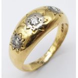 AN 18K YELLOW GOLD 3 STONE GENTS DIAMOND RING. 0.25CTW. 6.4G. SIZE T