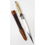 An Antique Unique Art Nouveau Decorated Bone Handle Stiletto Dagger in Leather Sheath. 29cm Length.