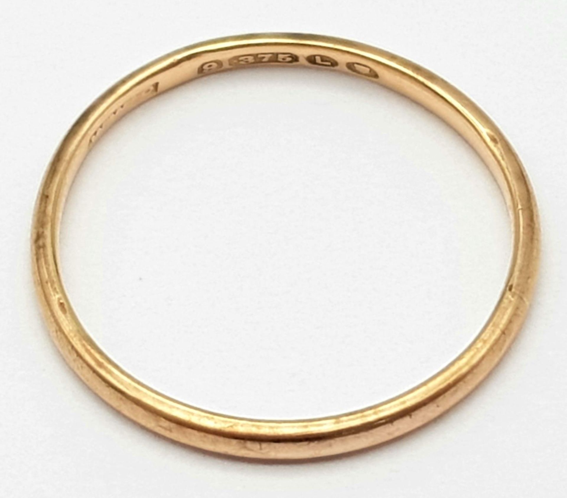 A Vintage 9K Rose Gold Band Ring. 2mm width. Size P. 1.3g weight. - Image 2 of 3