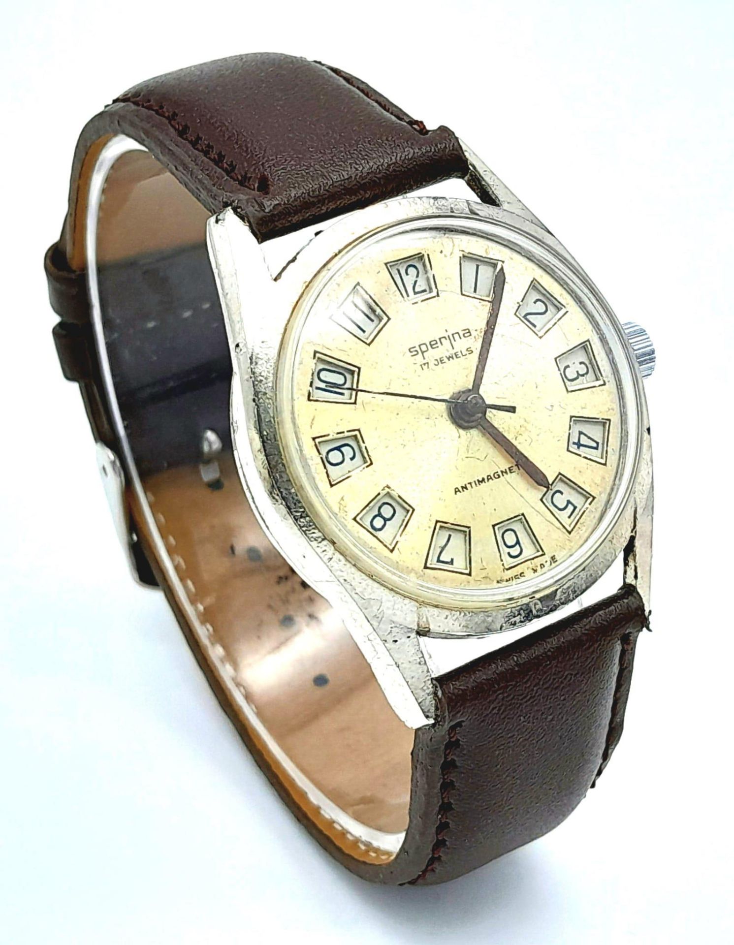 A Rare Vintage Sperina 'Jump hours' Watch. Watch switches to 24hr clock! Brown leather strap. - Image 4 of 7