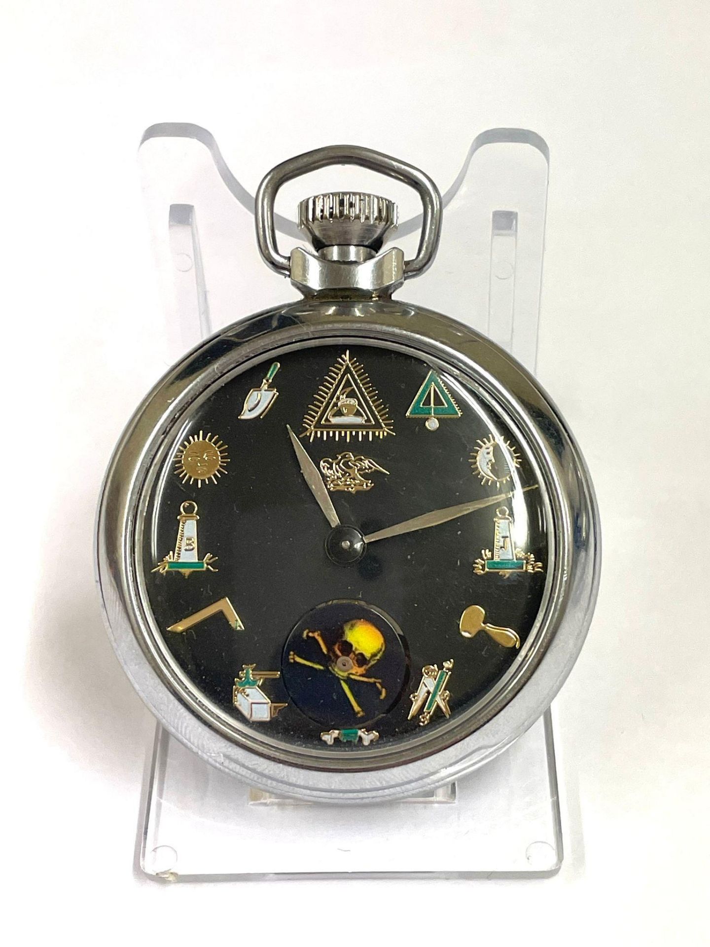 Vintage Masonic automaton ( rotating skull ) pocket watch . Working