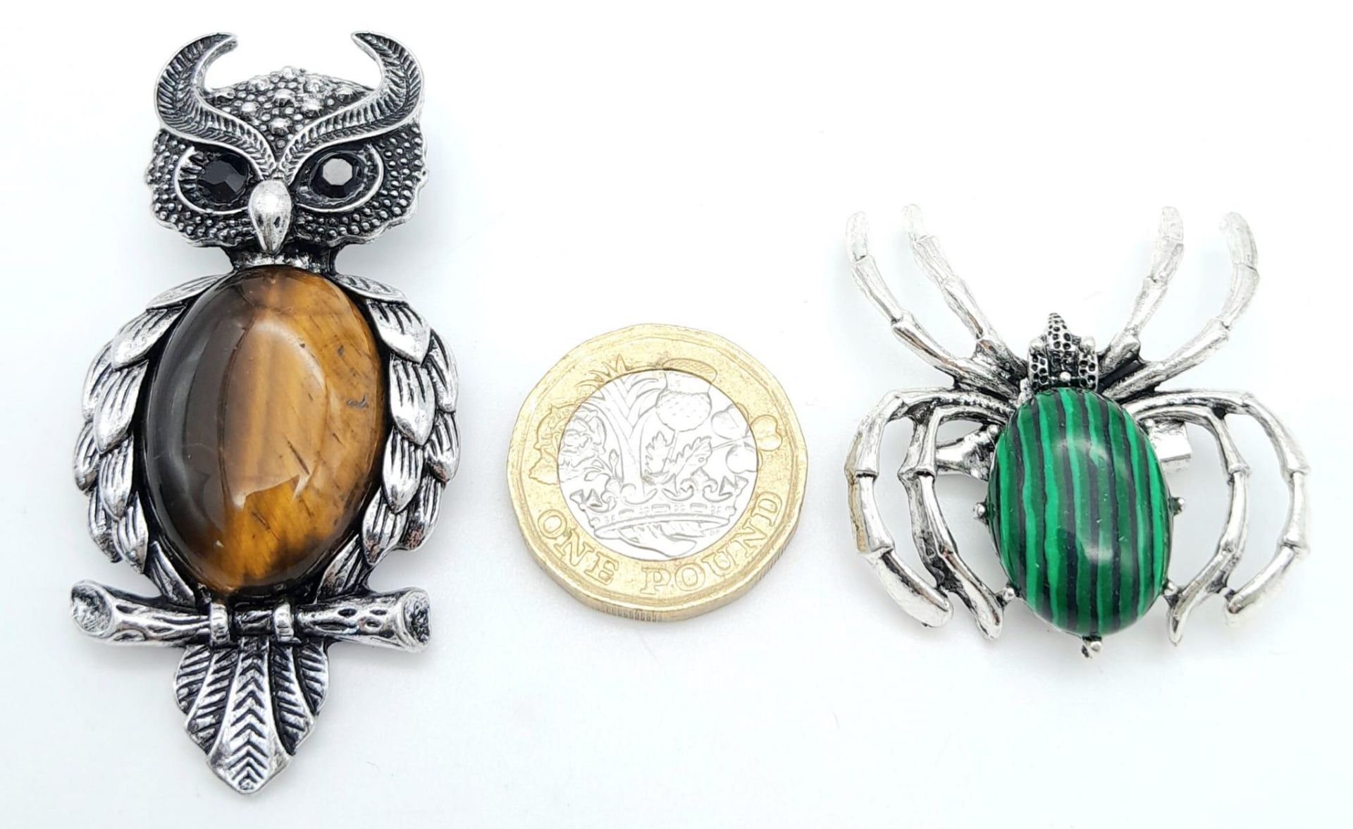 A Marcasite Spider and a Tigers Eye Owl Brooch. Owl - 6cm. - Image 5 of 5