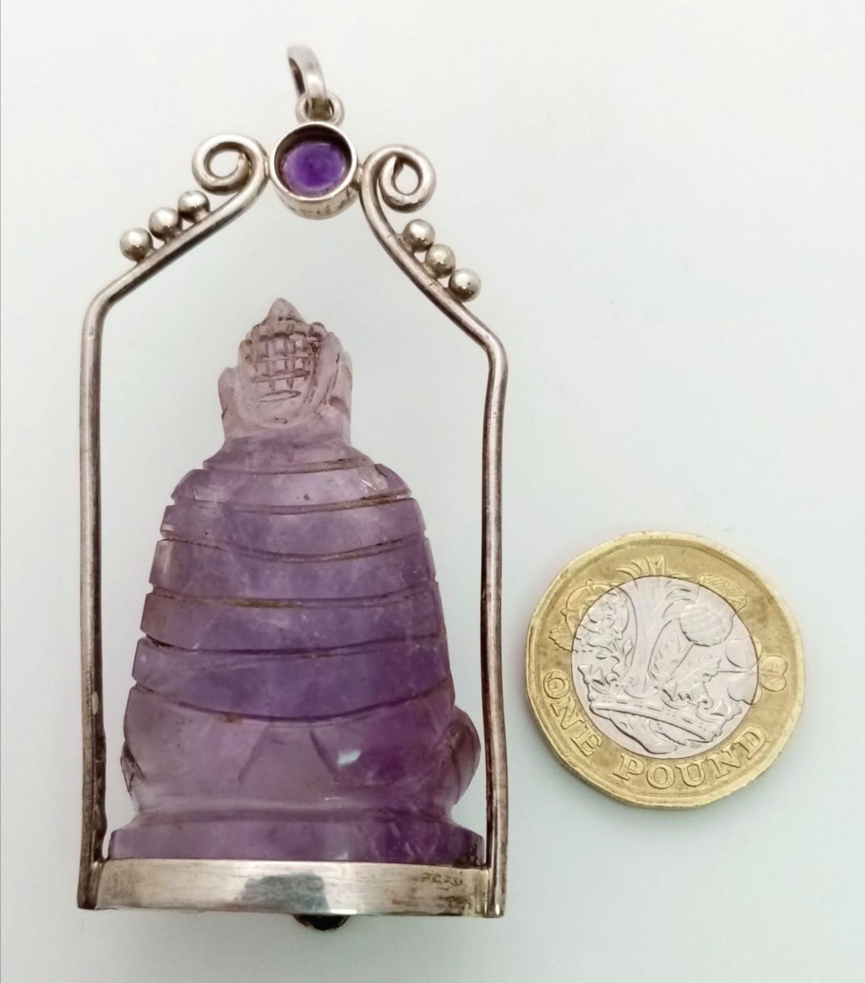 A Unique Vintage Amethyst Silver Mounted Buddha/Deity Pendant. The Carved Buddha measures 4.5cm Long - Image 3 of 3