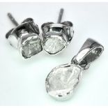 A Pair of 925 Silver, Diamond Earrings and Pendant. Old cut diamonds.