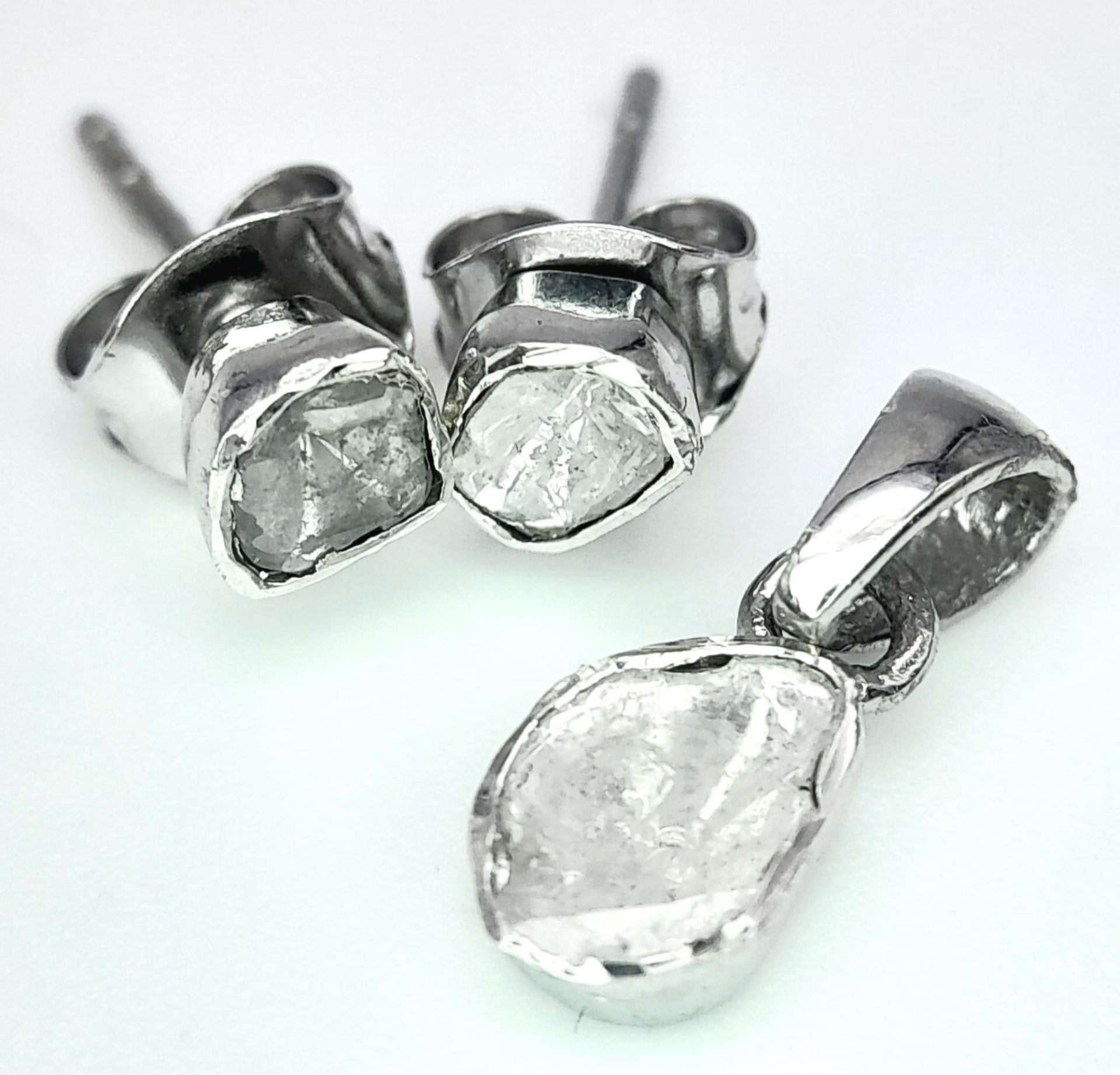 A Pair of 925 Silver, Diamond Earrings and Pendant. Old cut diamonds.