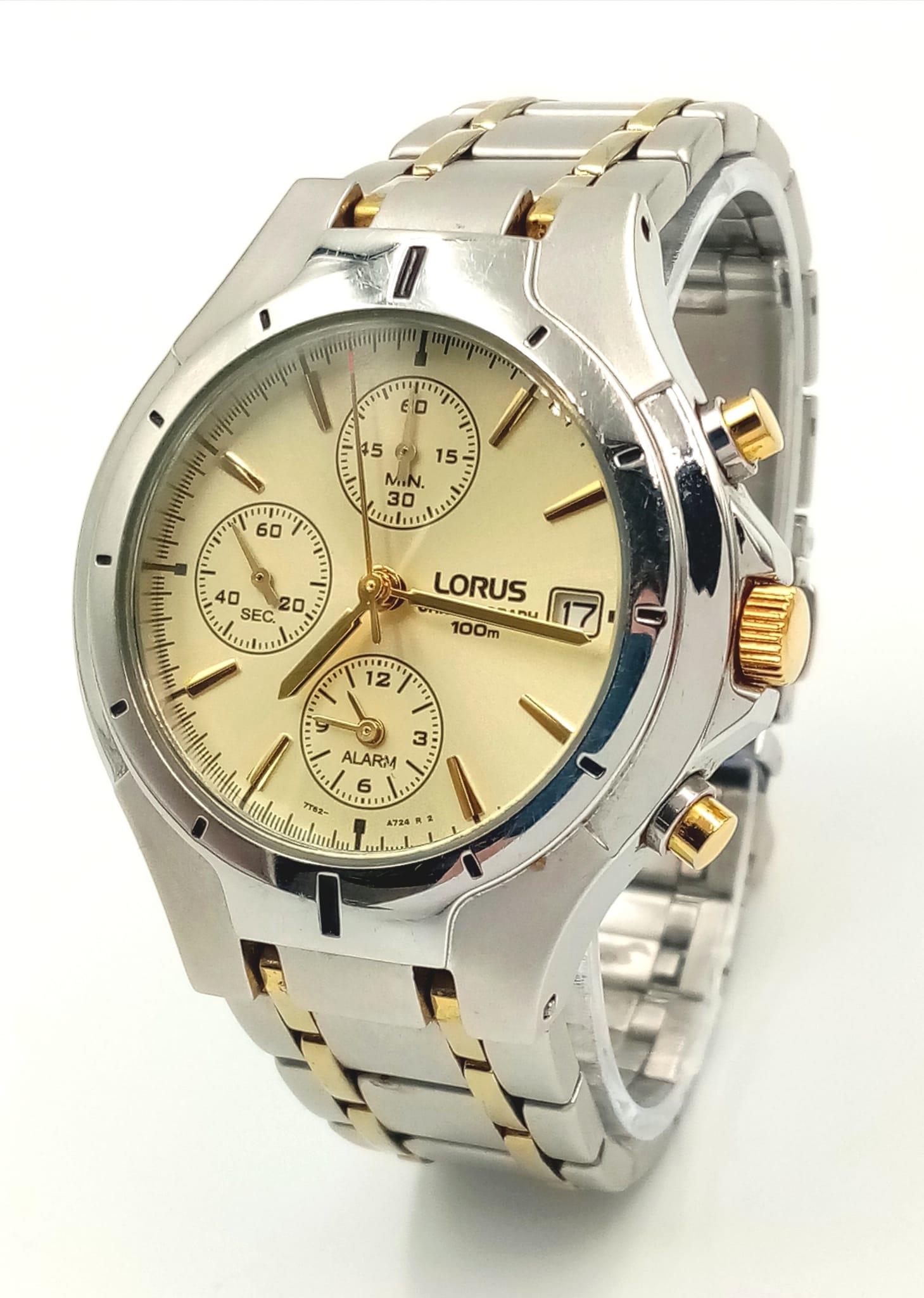 A Two-Tone B-Metal Quartz Chronograph Date Watch by Lorus. 41mm Including Crown. New Battery