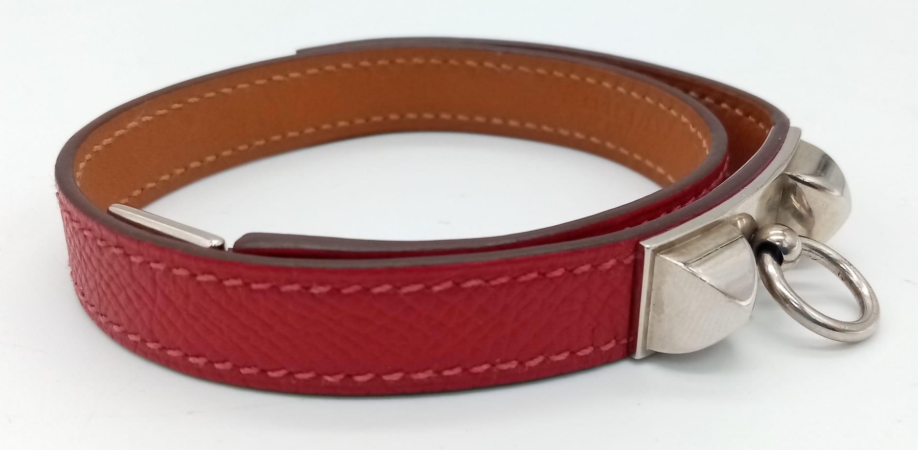 A Hermes Red Leather Dog Collar with Silver Tone Hardware. 36cm. Ref: 016716 - Image 2 of 3