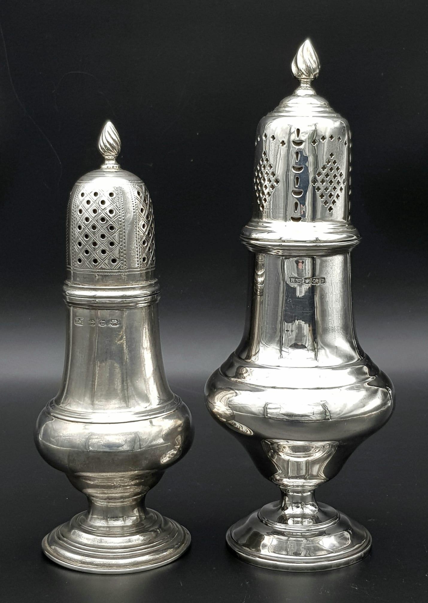 2X antique sterling silver sugar casters with different sizes. The big one come with full