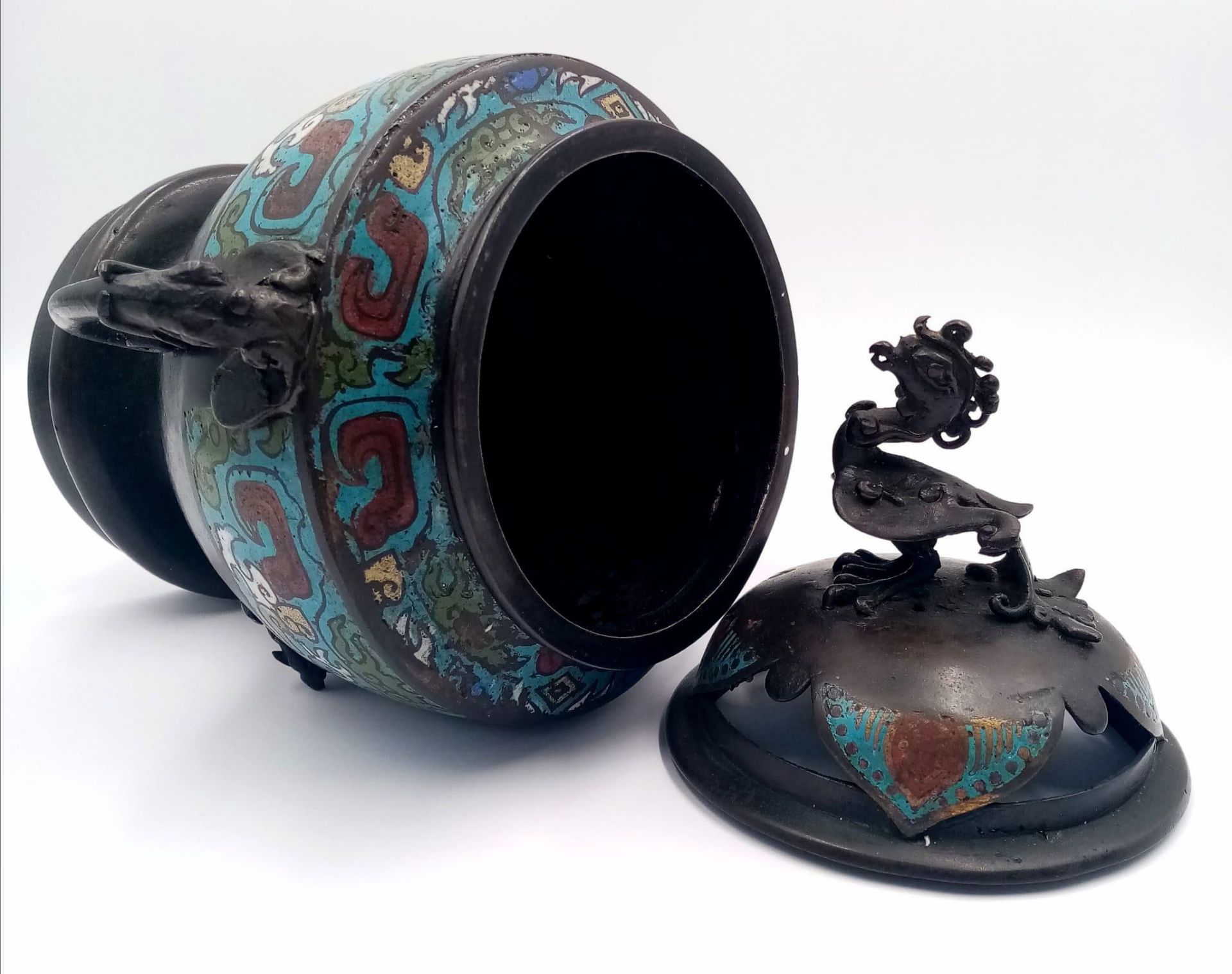 An Exquisite Antique Chinese Bronze and Enamel Twin Handled Lidded Censor. Globular form, with - Image 5 of 7