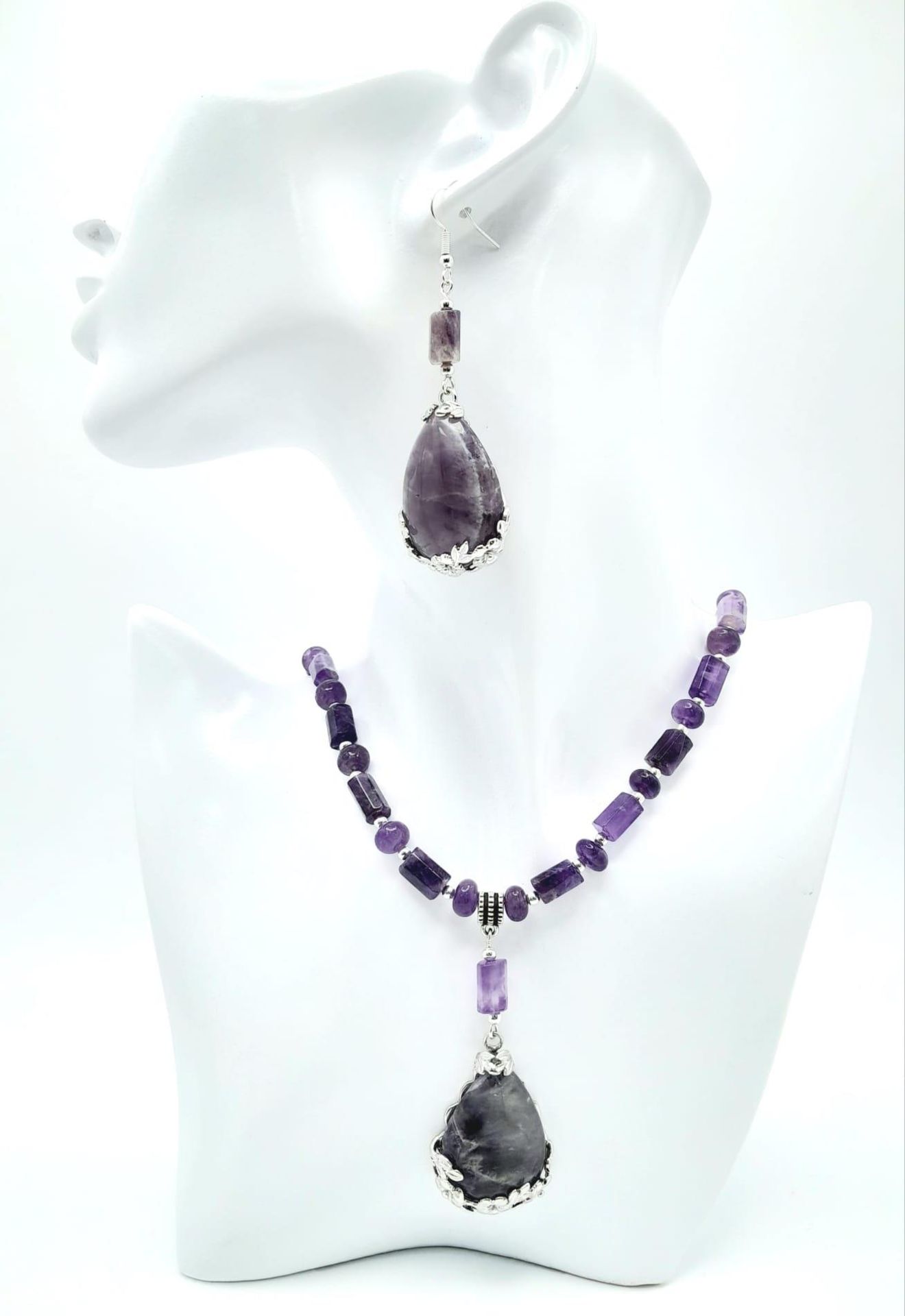 An original Brazilian AMETHYST necklace and earrings set, with round and cylindrical alternating