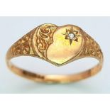 A Vintage 9K Yellow Gold and Solitary Diamond Heart Ring. Size G. 1g total weight.