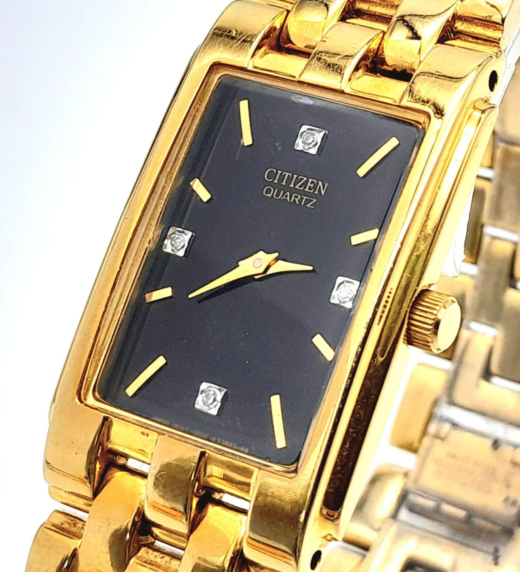 A Gold Plated Citizen Quartz Gents Dress Watch. Gold plated bracelet and rectangular case - 25mm. - Image 2 of 6