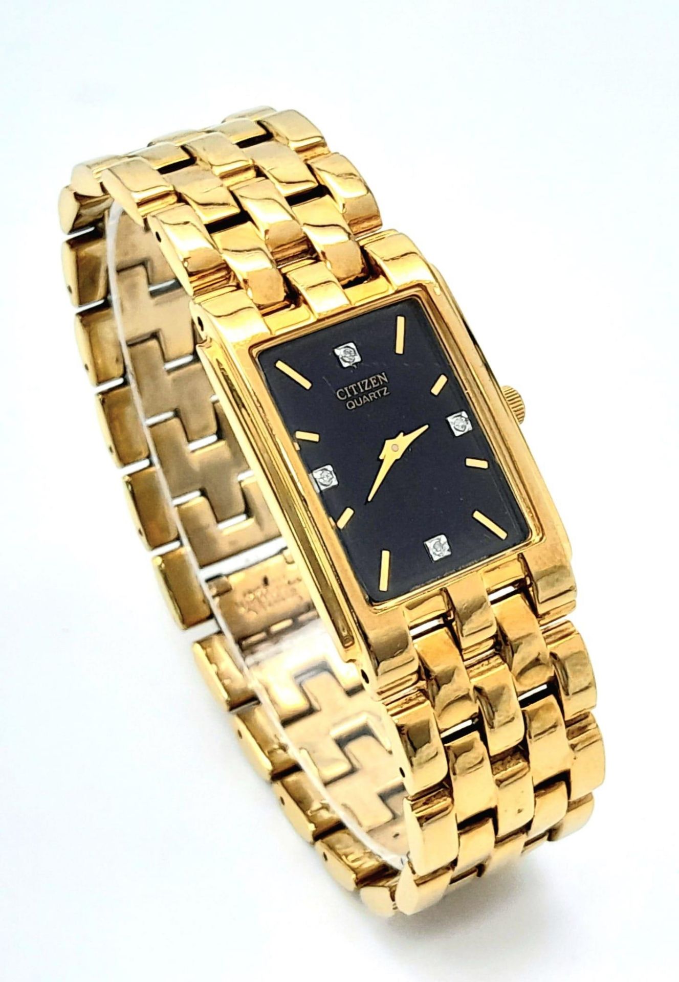 A Gold Plated Citizen Quartz Gents Dress Watch. Gold plated bracelet and rectangular case - 25mm. - Bild 3 aus 6
