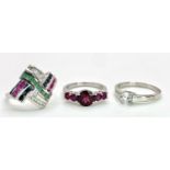 Three 925 Sterling Silver Gemstone Rings: Multi-Gemstone - Size R, Topaz - Size P and Rhodolite -