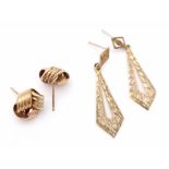 Two Different Style Pairs of 9K Yellow Gold Earrings. Kite and Knot. No backs. 1.86g total weight.